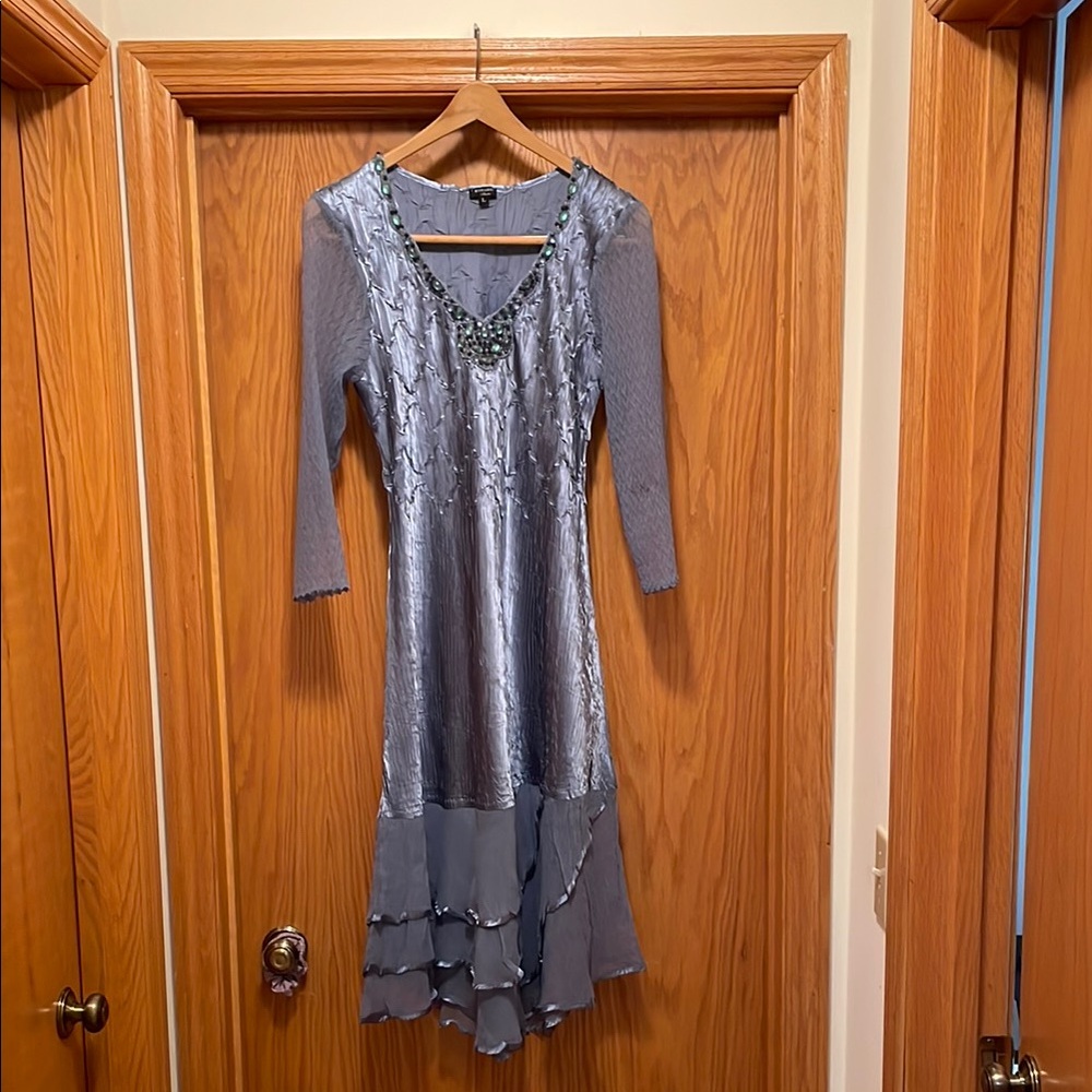 Women's Komarov Layered Dress with jeweled V-neck neckline. Bluish - silver.